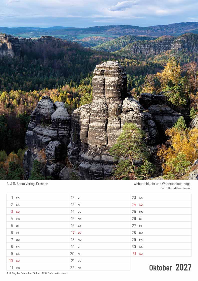 Kalender Elbsandsteingebirge 2027 Weberschlucht Oktober Adam Verlag