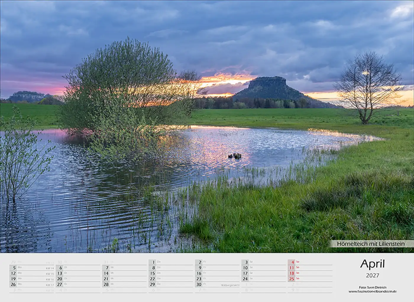 Kalender Sächsische Schweiz 2027 April Lilienstein