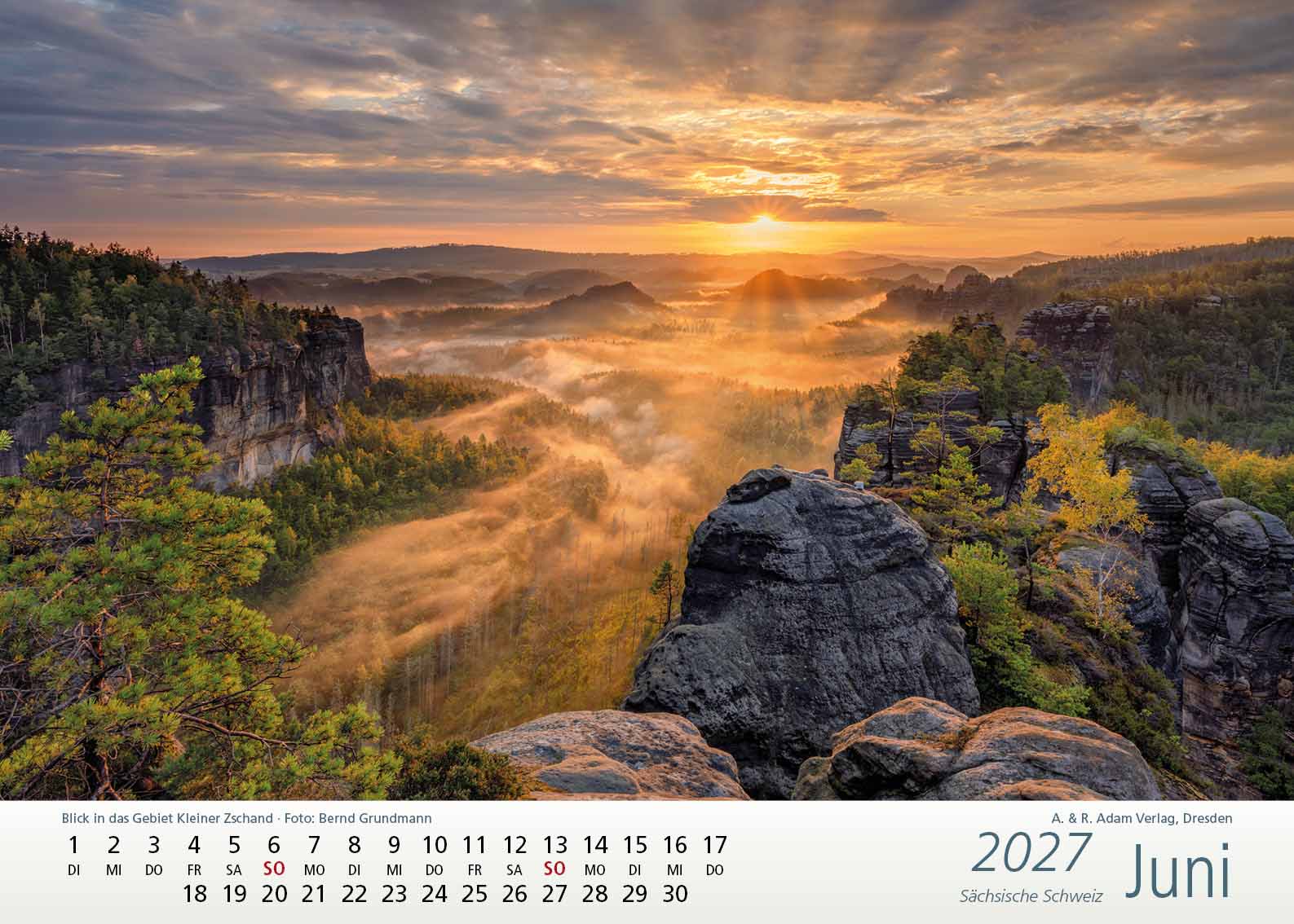 Kalender Sächsische Schweiz 2027 Juni Gebiet Kleiner Zschand Felsen