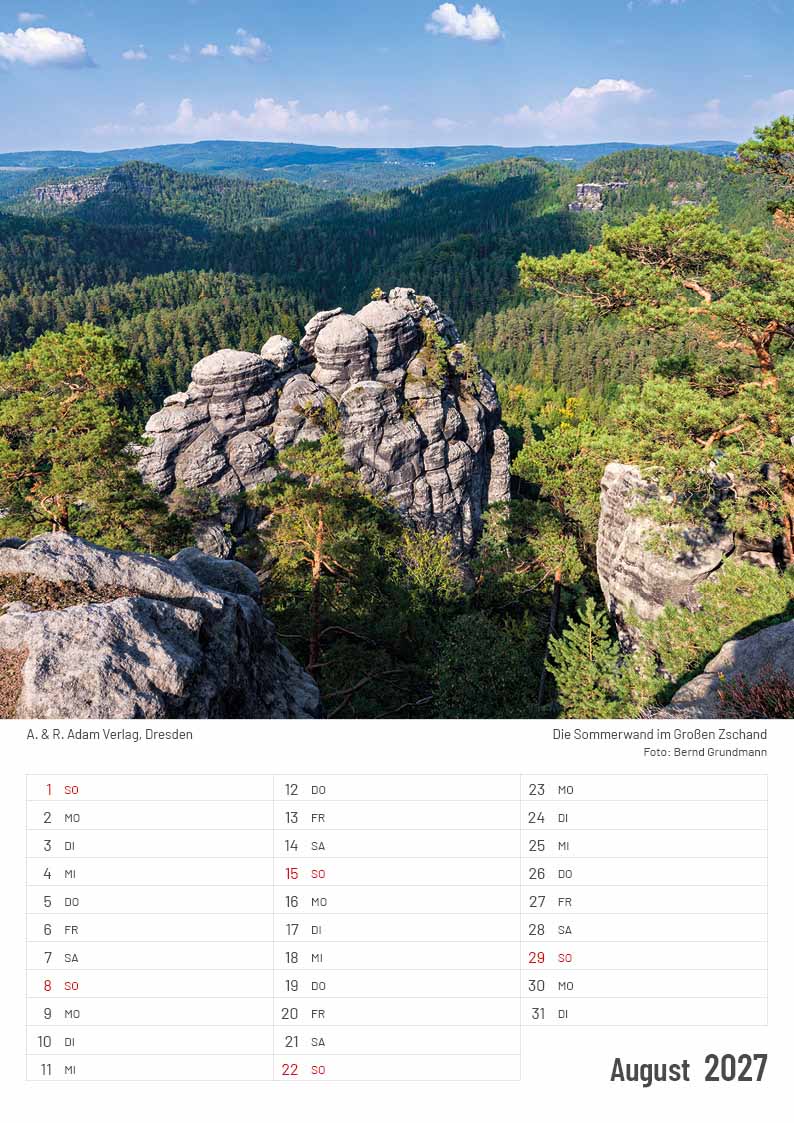 Kalender Elbsandsteingebirge 2027 August Großer Zschand