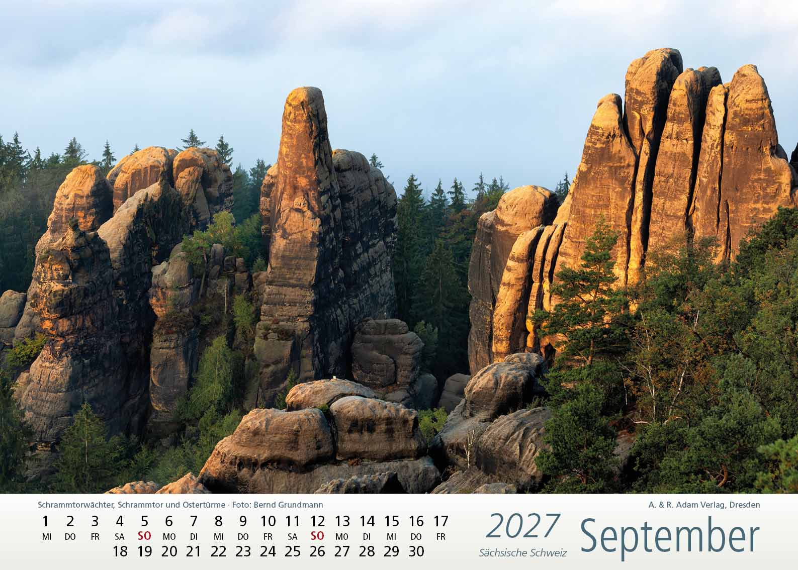 Kalender Sächsische Schweiz 2027 September Schrammtorwächter Schrammtor Ostertürme