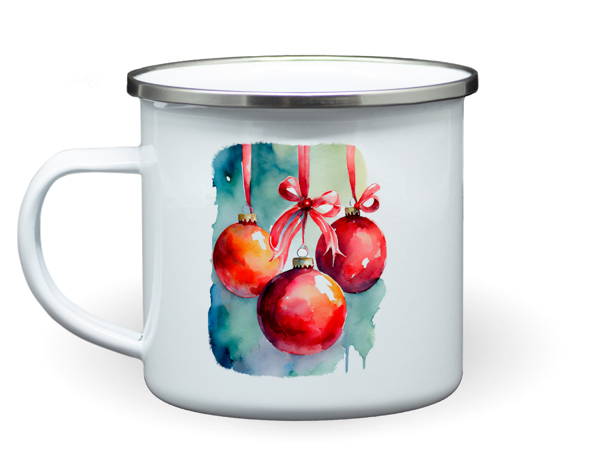 Emailletasse mit Aquarellgrafik rote Weihnachtskugeln