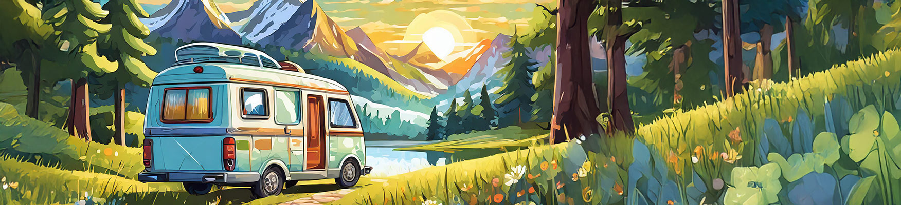 Bücher Camping Wohnmobilreisen Camper an See im Wald Illustration
