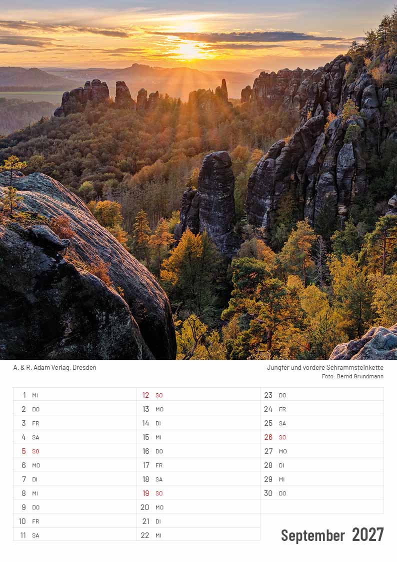Kalender Elbsandsteingebirge 2027 September Jungfer und vordere Schrammsteinkette