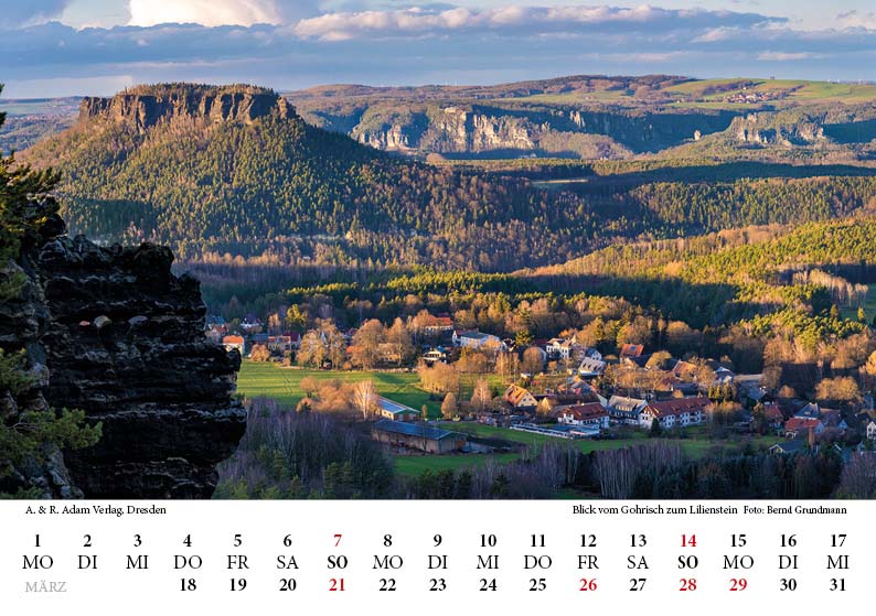 Tischkalender Elbsandsteingebirge 2027 März Blick vom Gohrisch zum Lilienstein