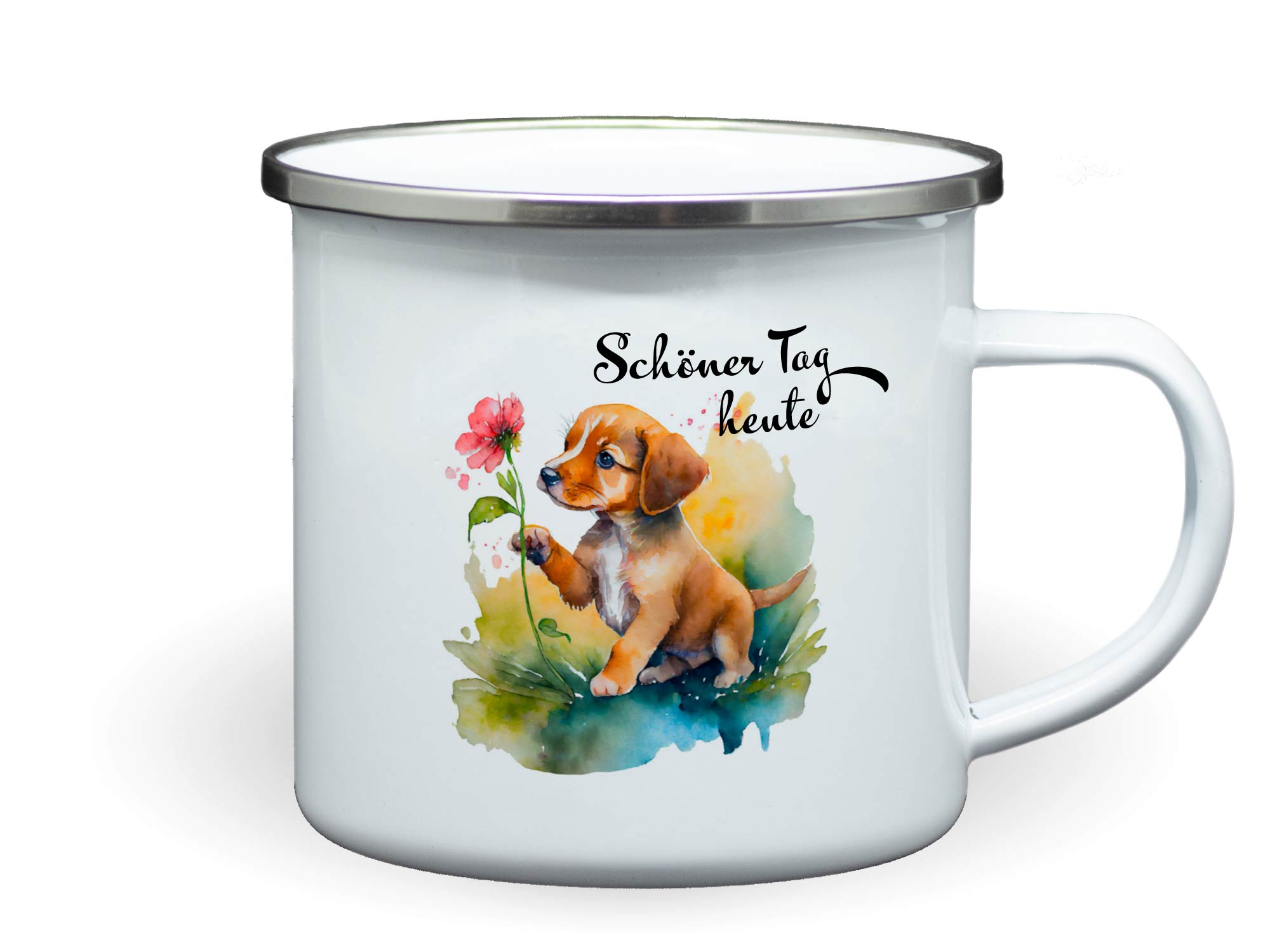 Tasse mit Spruch Schöner Tag heute niedlicher Hund mit Blume Aquarell