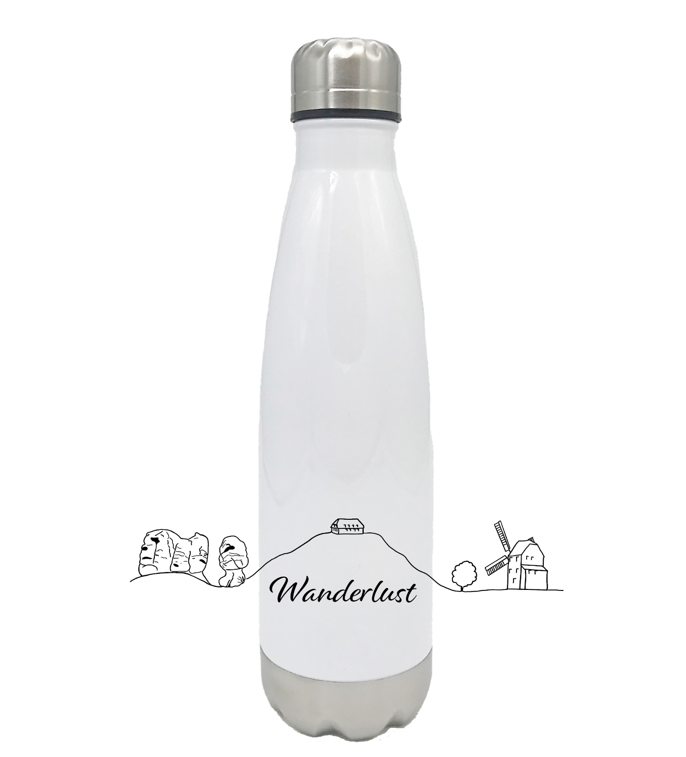 Bedruckte weiße Thermosflasche mit Grafik von Oberlausitz und Wanderlust Schrift
