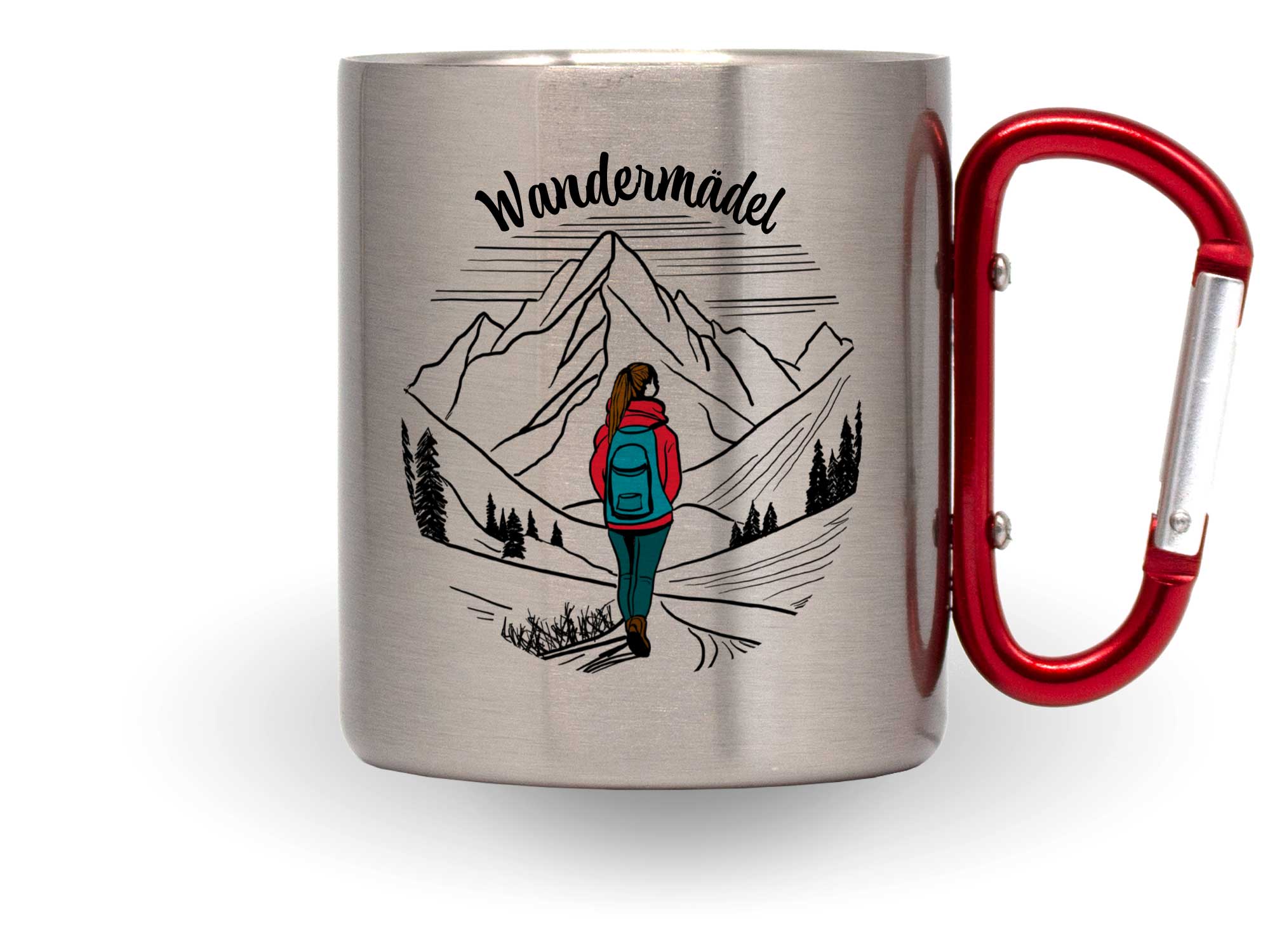 Bedruckte Karabinertasse Wandermädel mit schöner Grafik von Wanderin mit rotem Karabiner