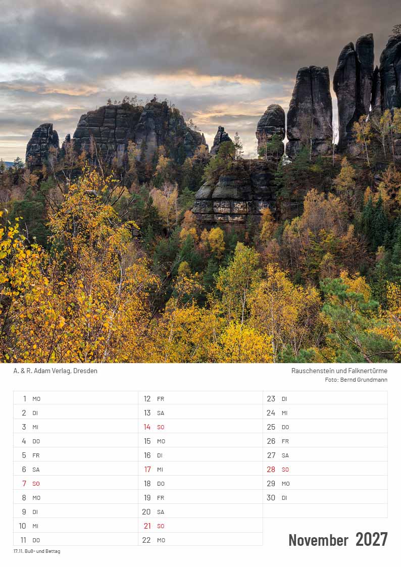 Kalender Elbsandsteingebirge 2027 Rauschenstein und Falknertürme Herbst