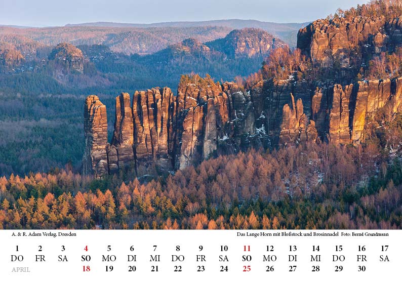 Tischkalender Elbsandsteingebirge 2027 April Das lange Horn mit Blick zum Bloßstock und Brosinnadel Sächsische Schweiz