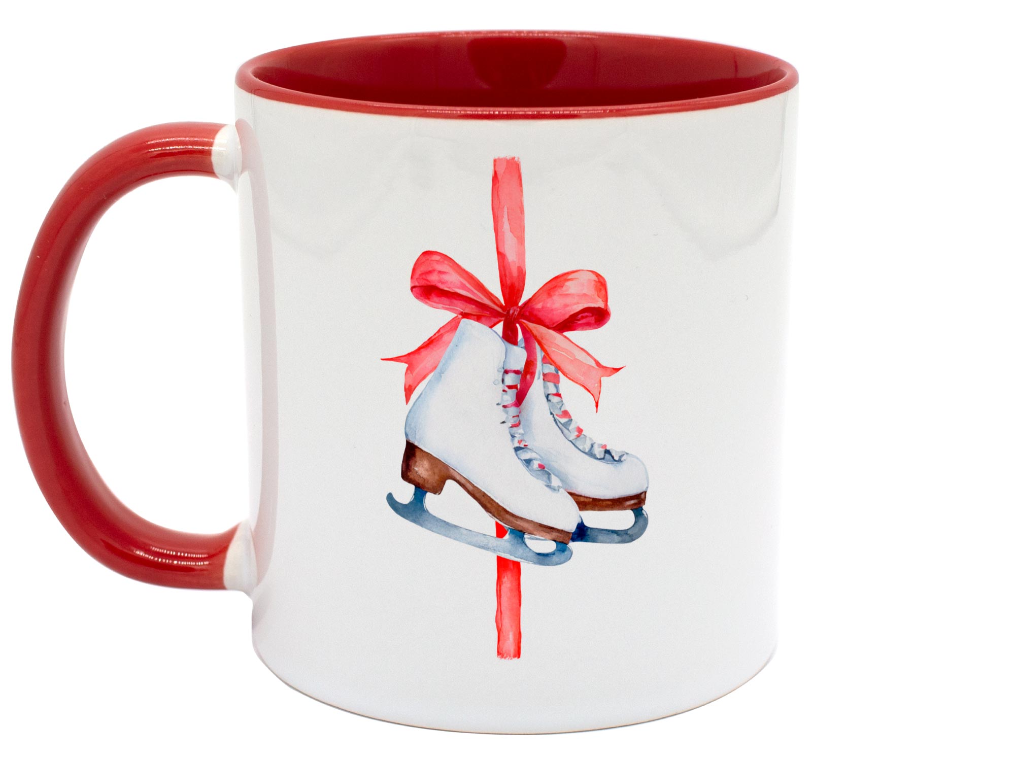 Bedruckte Weihnachtstasse Schlittschuhe mit roter Schleife