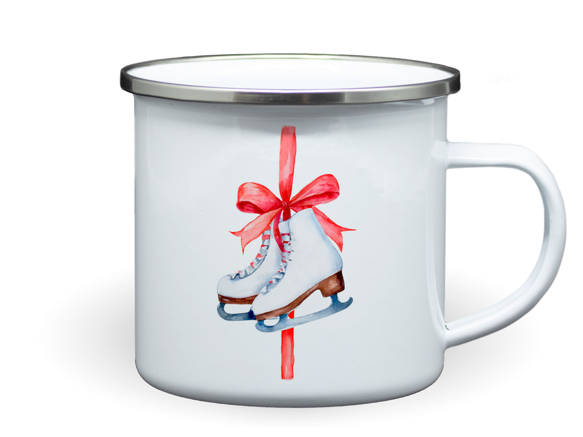 Bedruckte Emailletasse Schlittschuhe mit roter Schleife