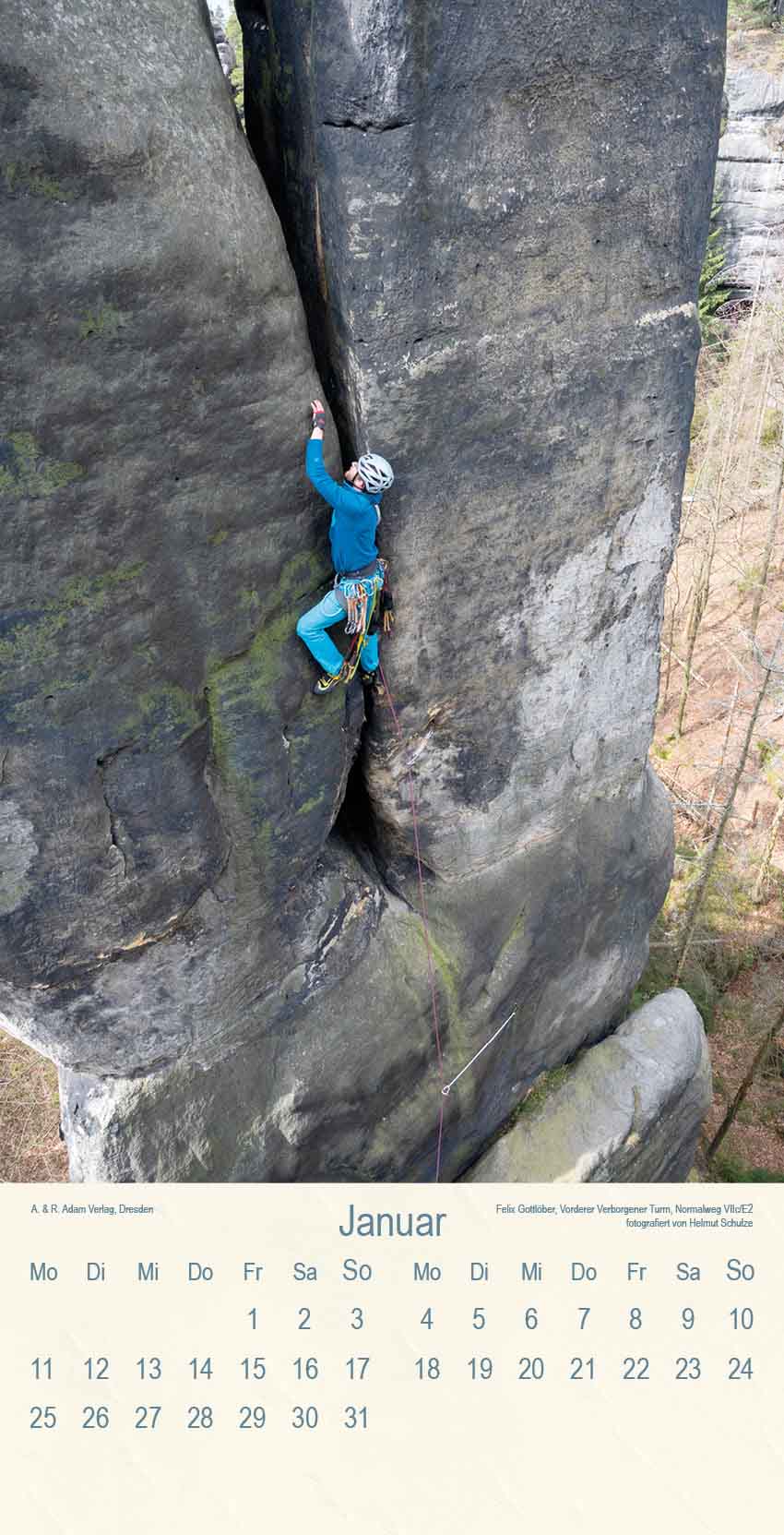 Kalender Klettern Sächsische Schweiz 2027 Im Sächsischen Fels Bergsteiger Januar Vorderer Verborgener Turm