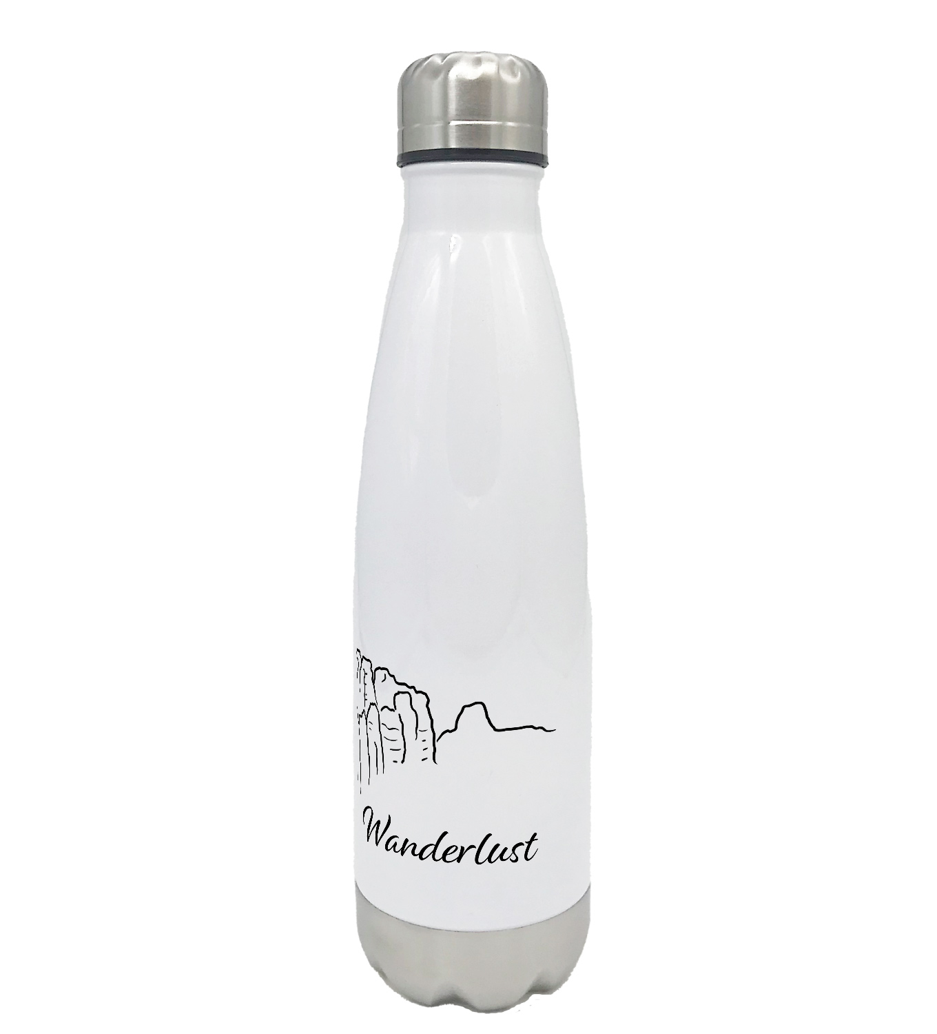 Bedruckte Thermoflasche Wanderlust Schrammsteine Sächsische Schweiz weiß