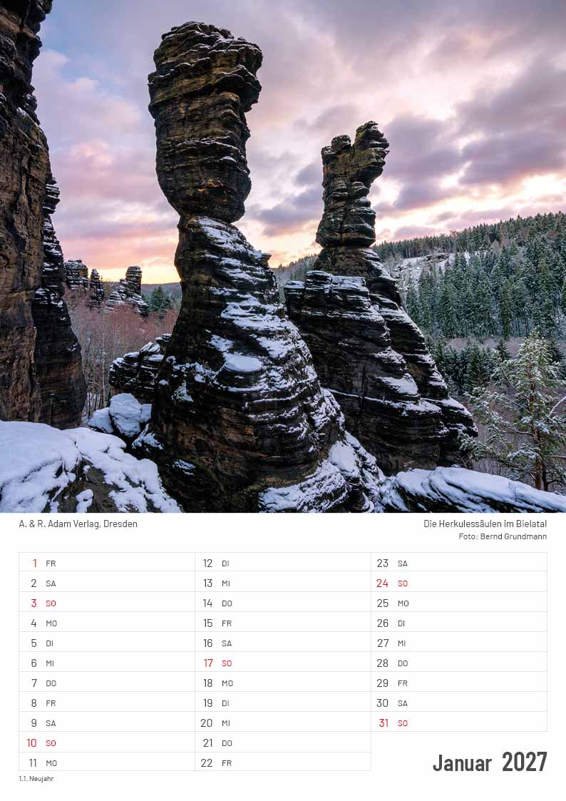 Kalender Elbsandsteingebirge 2027 Sächsische Schweiz Adam Januar Herkulessäulen Bielatal