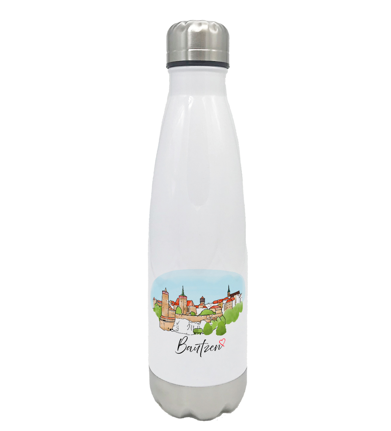 Bedruckte Trinkflasche Bautzen Aquarellbild weiße Thermosflasche