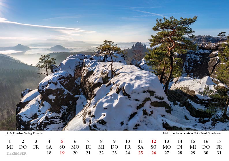 Tischkalender Elbsandsteingebirge 2027 Dezember Schnee  Rauschenstein