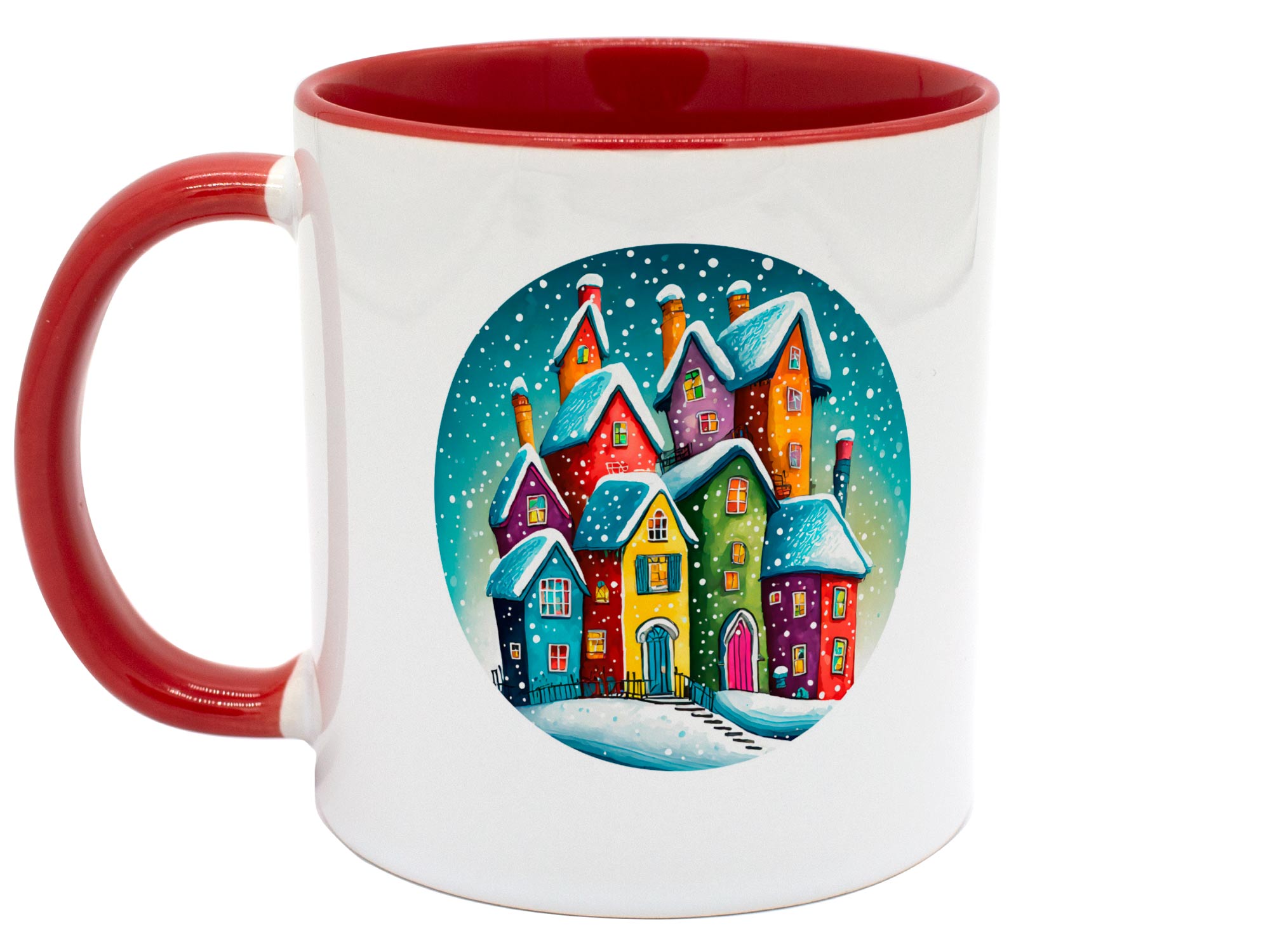 Bedruckte Weihnachtstasse bunte Häuser im Winter