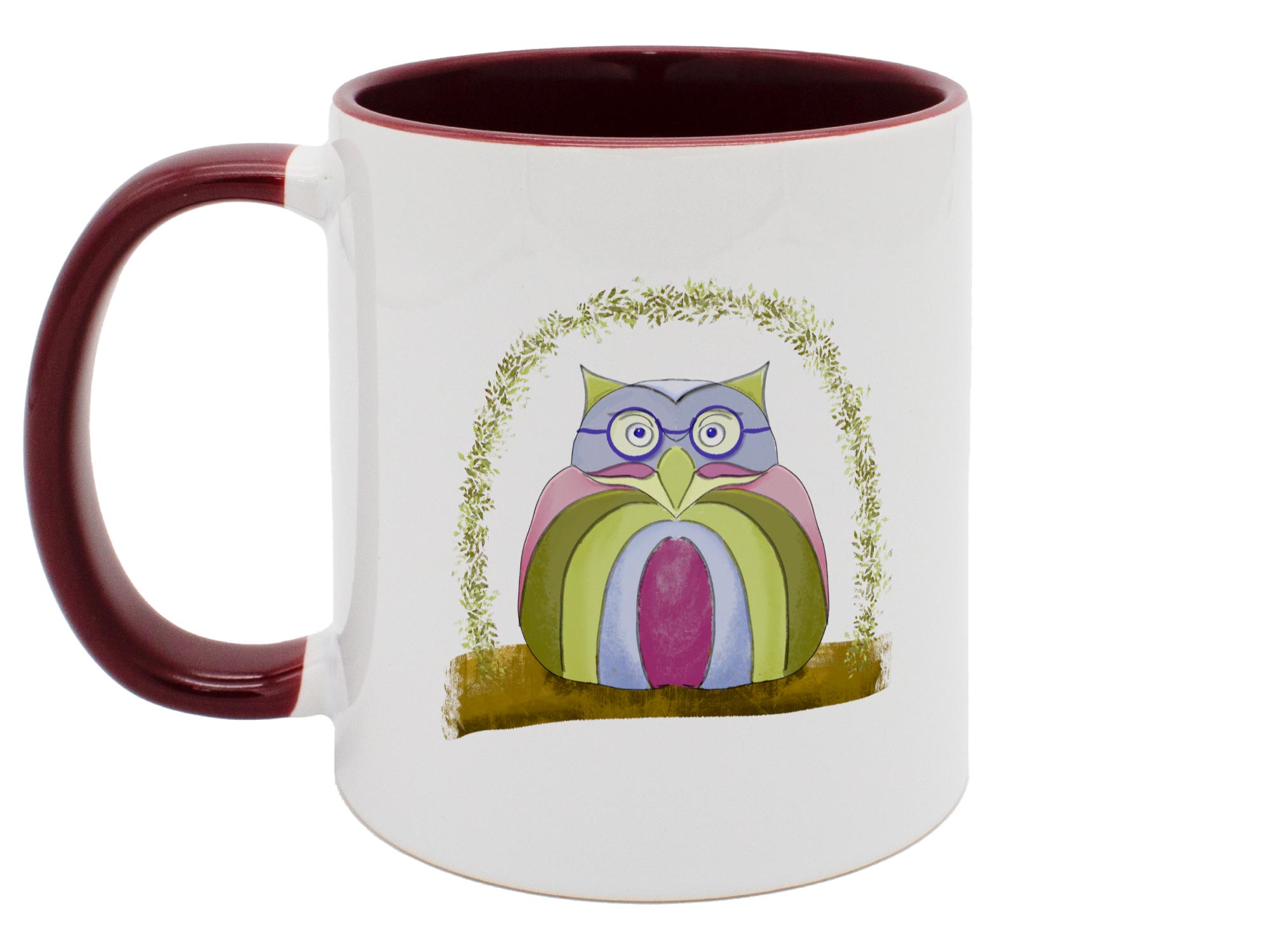 Keramiktasse mit weinrotem Henkel und Eule auf Schaukel