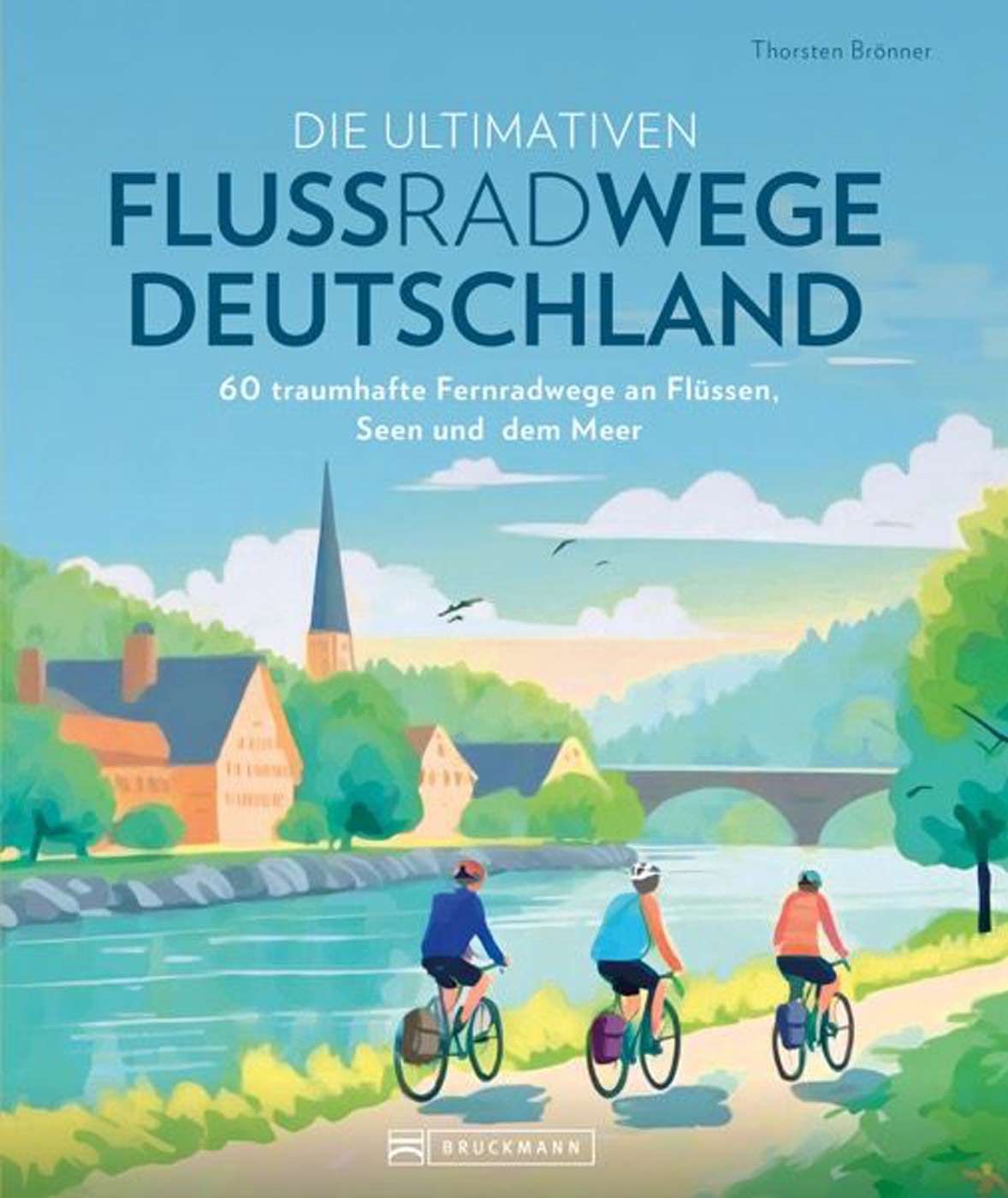 Buch Flussradwege Deutschland Grafik mit Radfahrern am Fluss