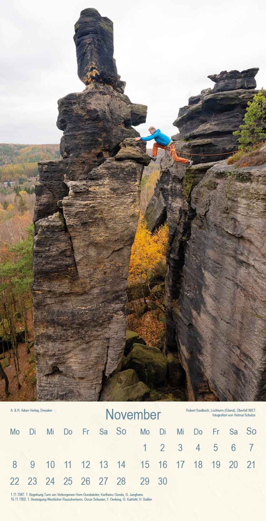 Kalender 2027 Klettern im Sächsischen Fels November Lochturm