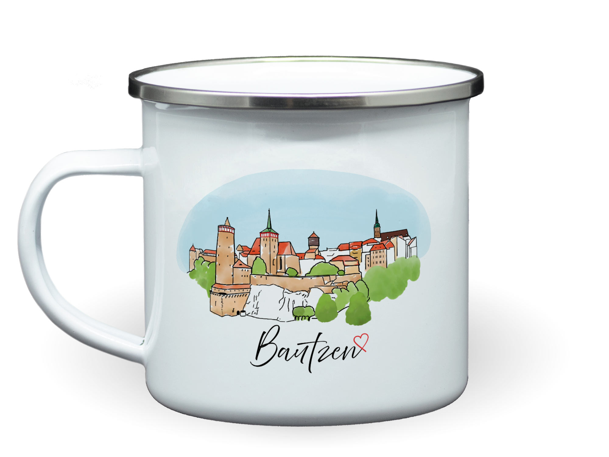Bedruckte Emailletasse Bautzen mit Aquarellgrafik