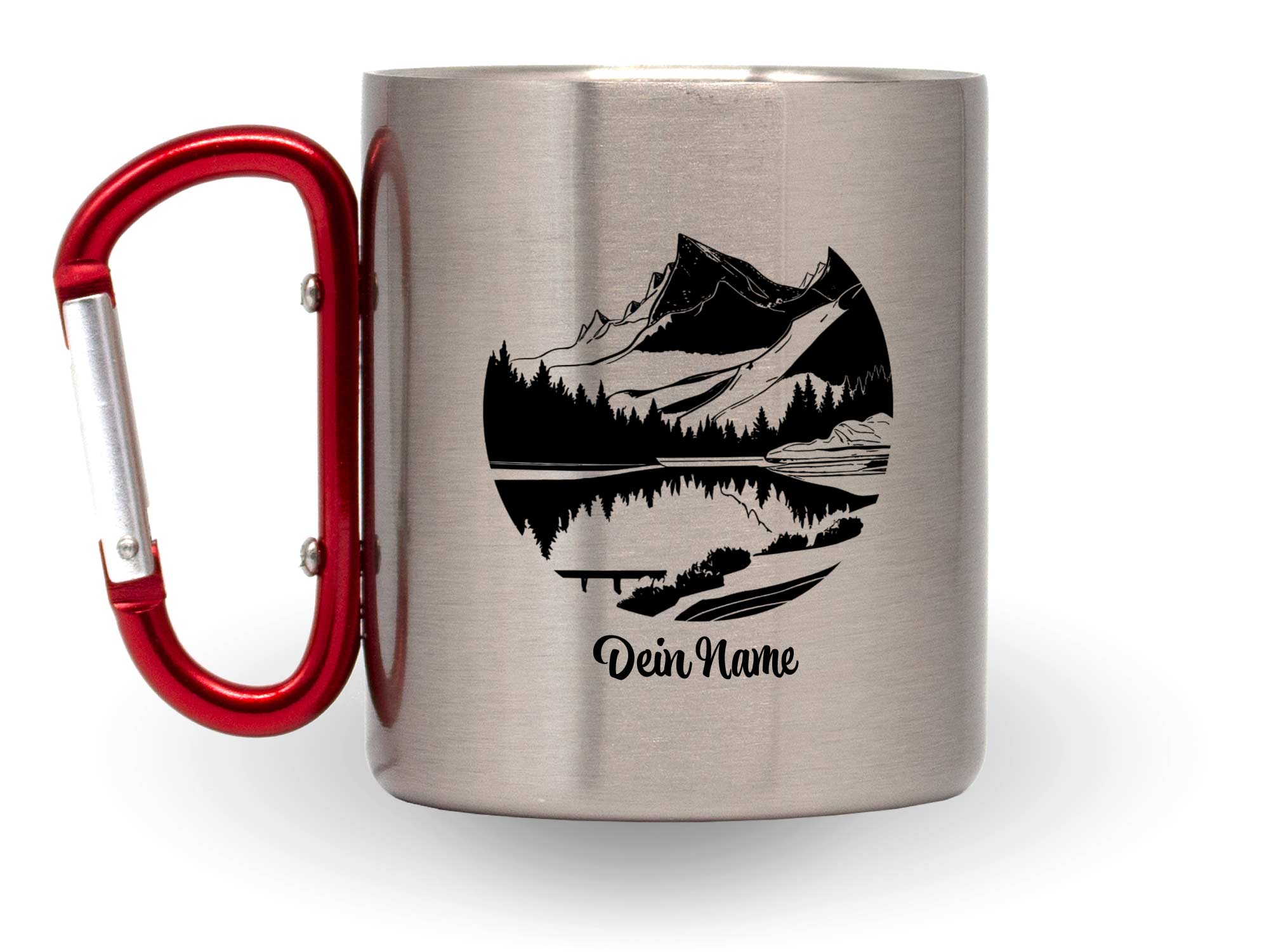 Personalisierte Wandertasse Thermobecher mit rotem Karabiner Berge