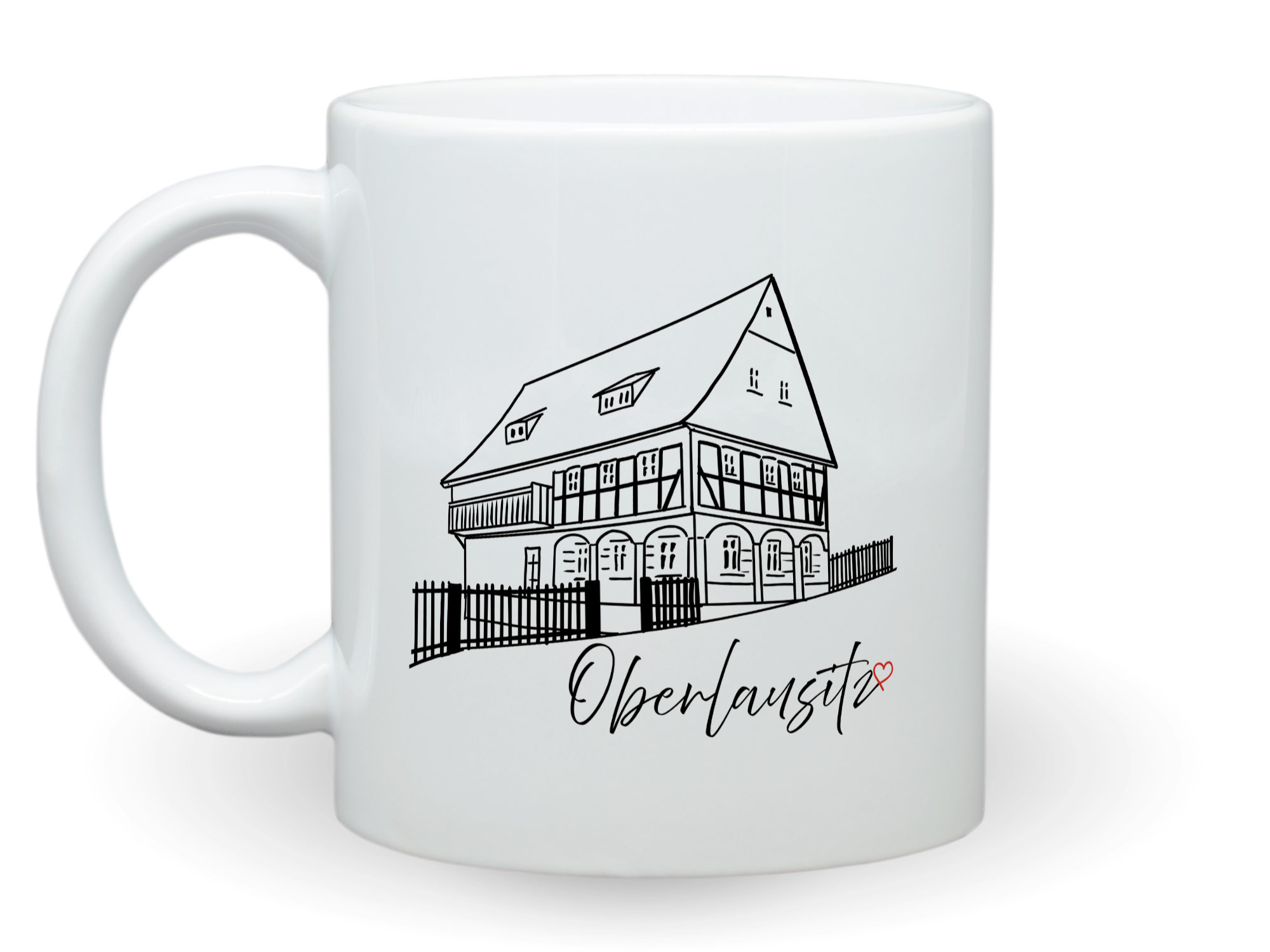 Bedruckte Kaffeetasse Oberlausitz mit Grafik Umgebindehaus Schwarz weiss