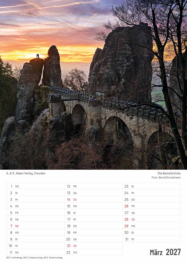 Kalender Elbsandsteingebirge 2027 März Basteibrücke