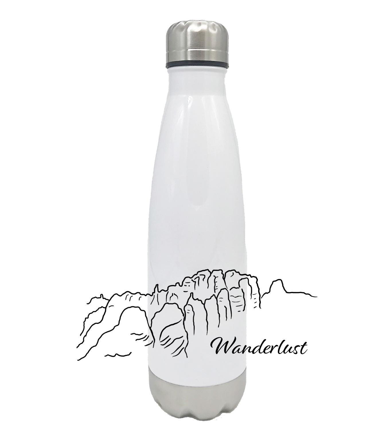 Bedruckte Trinkflasche Wanderlust Schrammsteine Sächsische Schweiz weiß