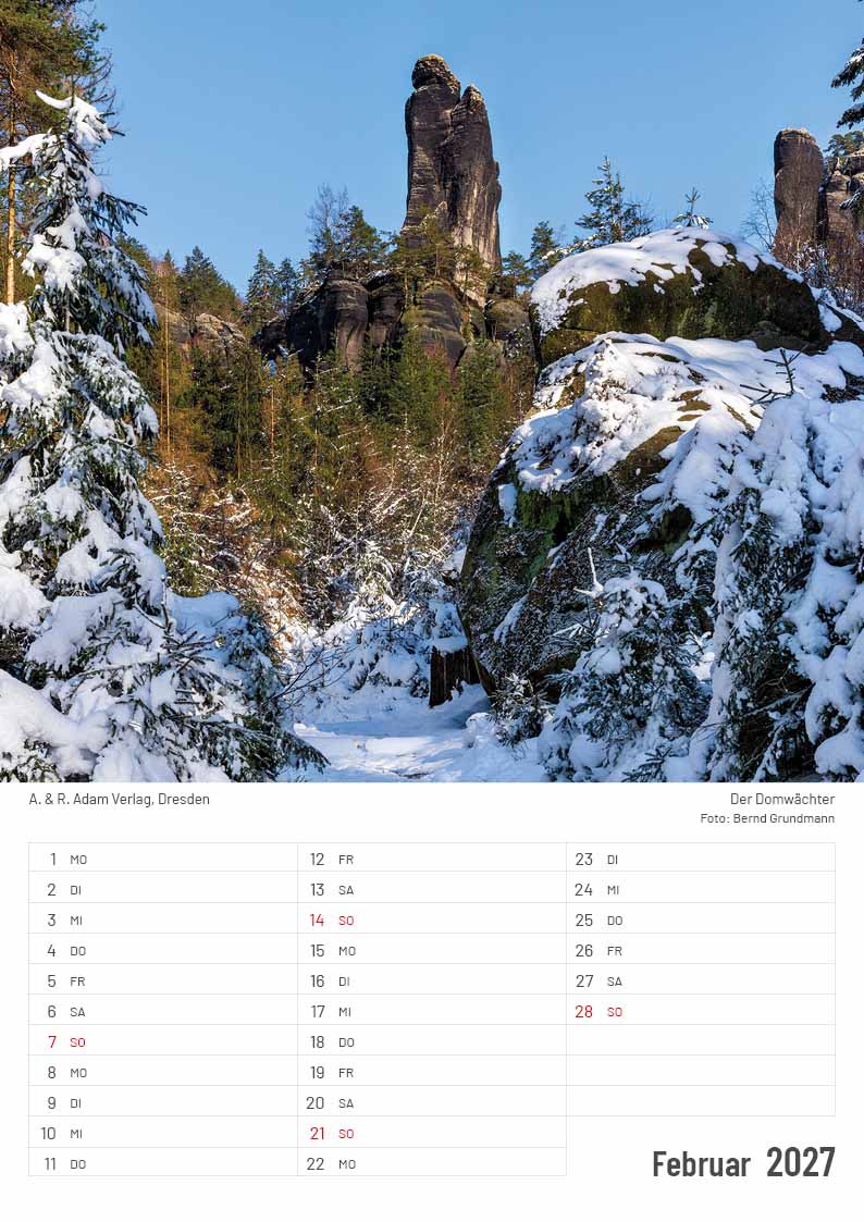 Kalender Elbsandsteingebirge 2027 Domwächter Schnee Februar