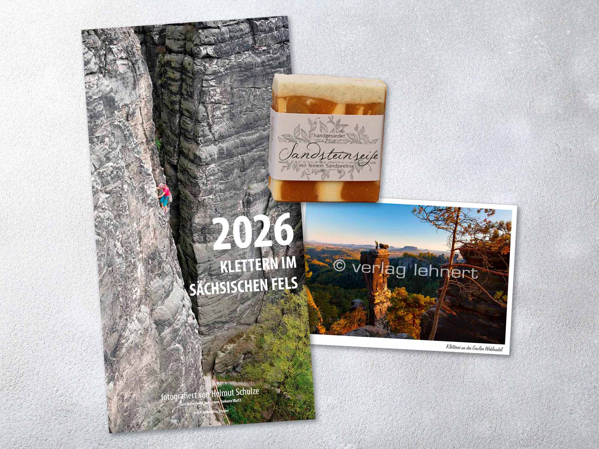 Geschenkset für Sandsteinfreunde Kletterkalender Sächsische Schweiz Sandsteinseife Postkarte