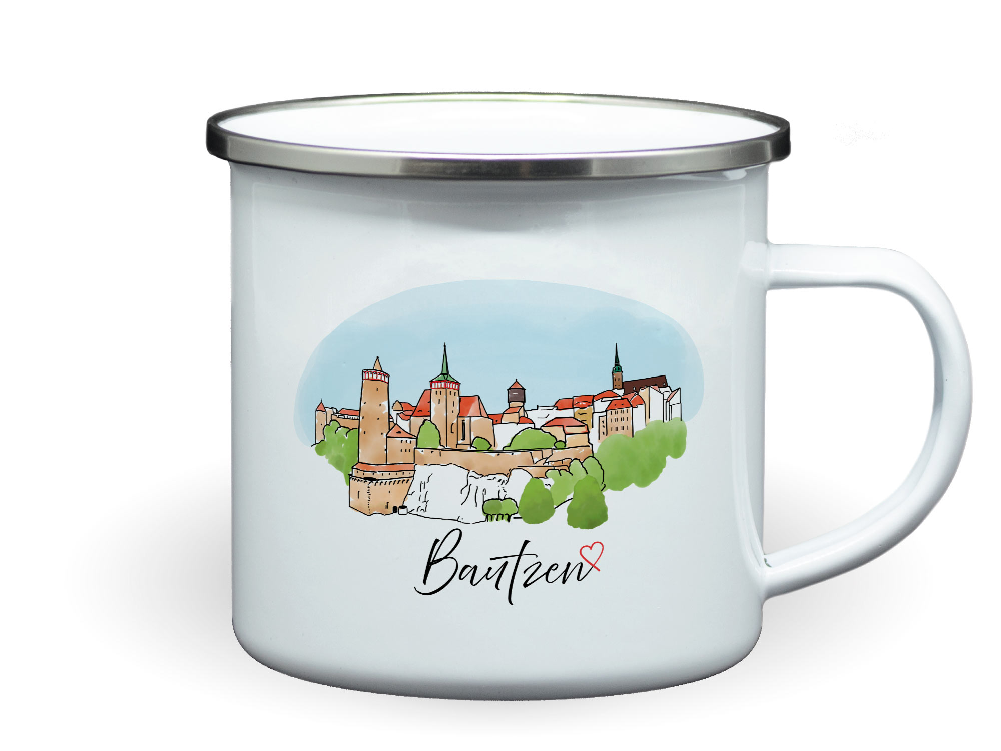 Emailletasse Bautzen mit Aquarellbild und silbernem Rand