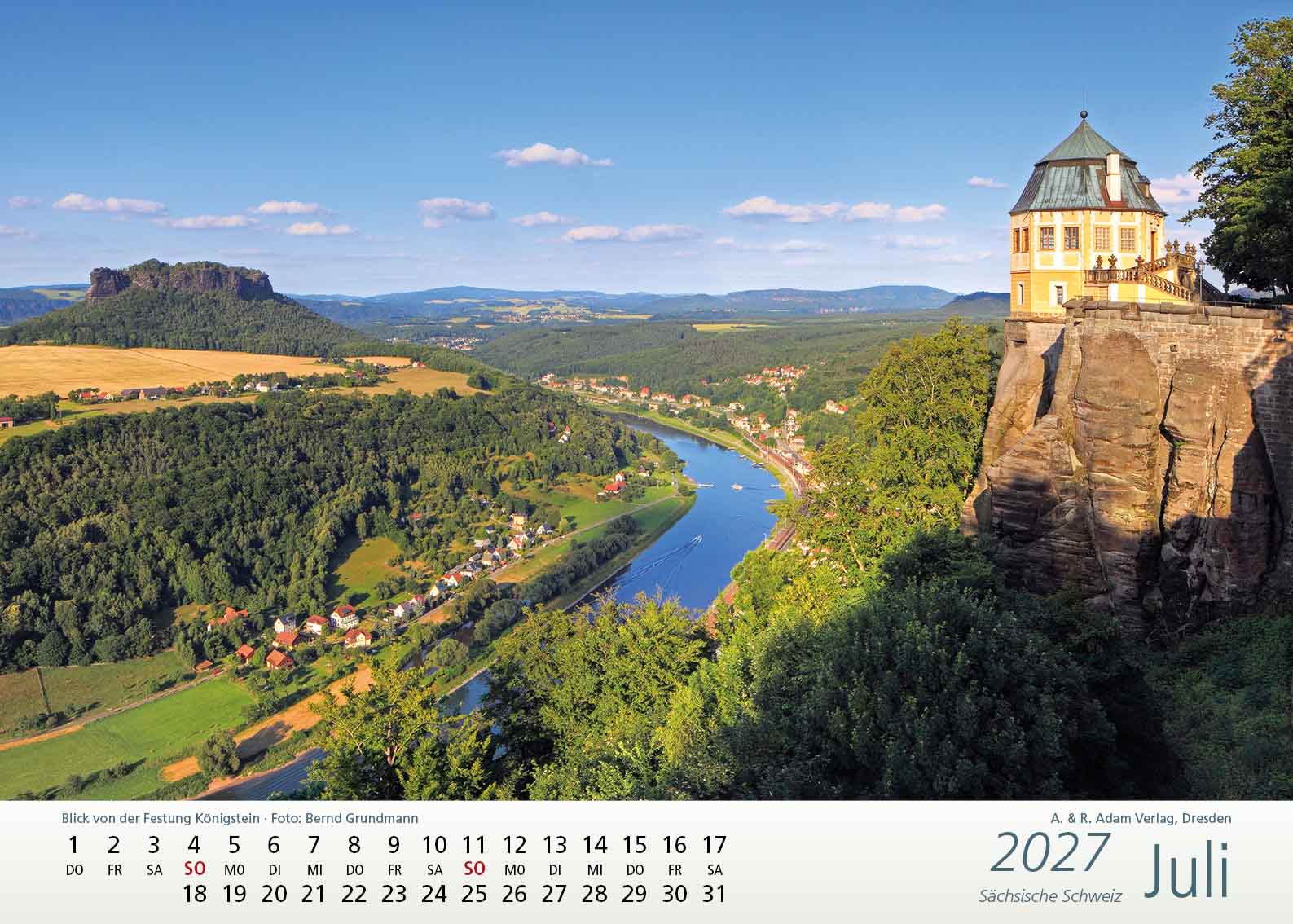 Kalender Sächsische Schweiz 2027 Juli Festung Königstein Elbe