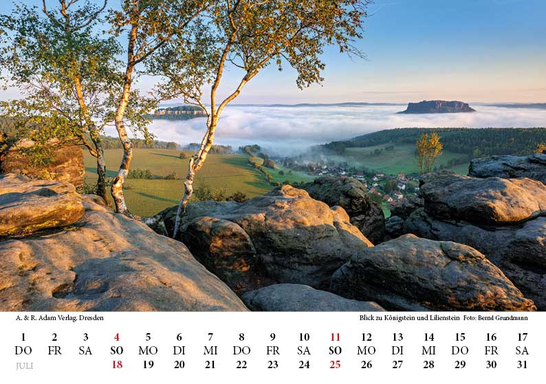 Tischkalender Elbsandsteingebirge 2027 Juli Königstein Lilienstein Nebel