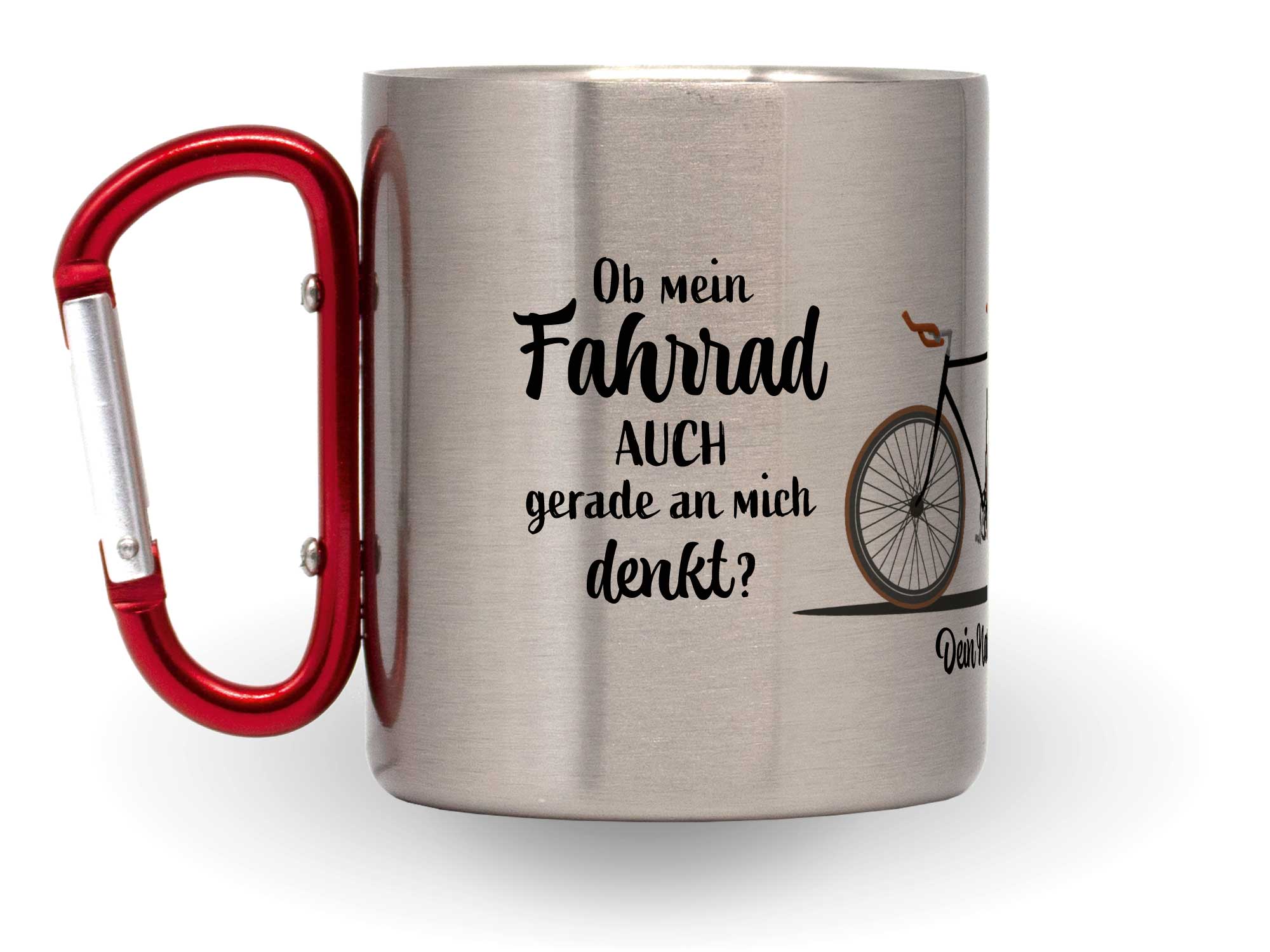 Personalisierte Karabinertasse Fahrradfahrer mit Spruch und Fahrradgrafik