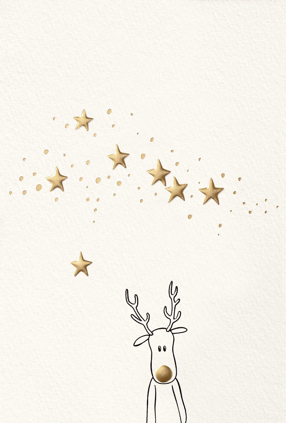Weihnachtskarte lustiges Rentier mit Goldnase und Sternen