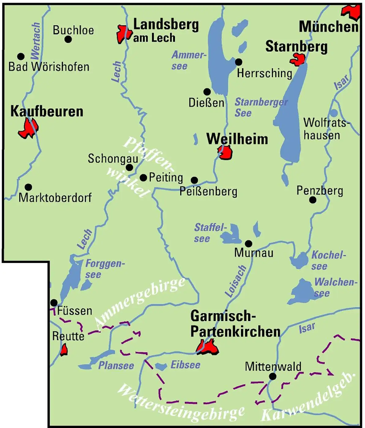 Karte Bayerische Seen für Radfahrer