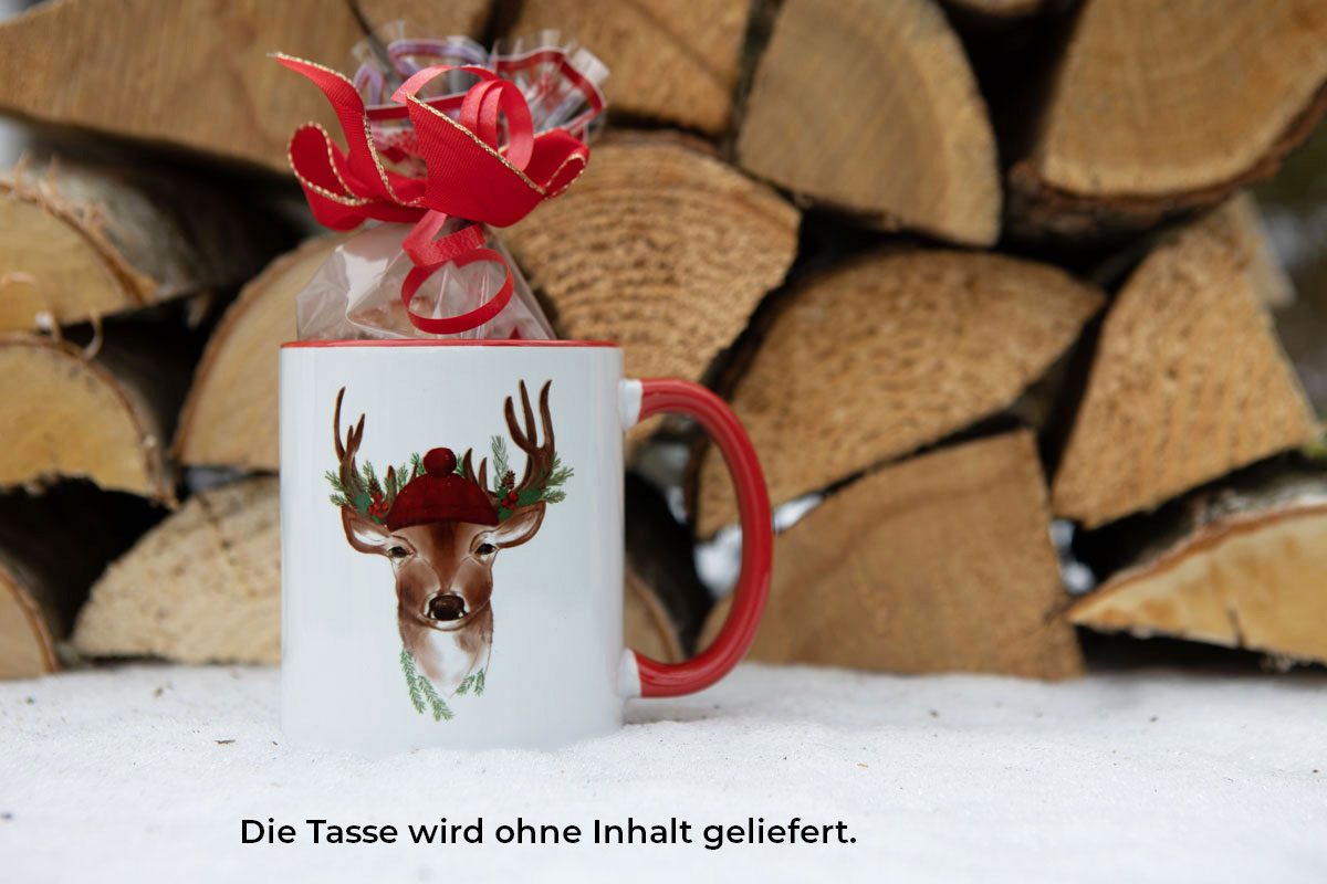Weihnachtstasse Hirsch  mit rotem Henkel
