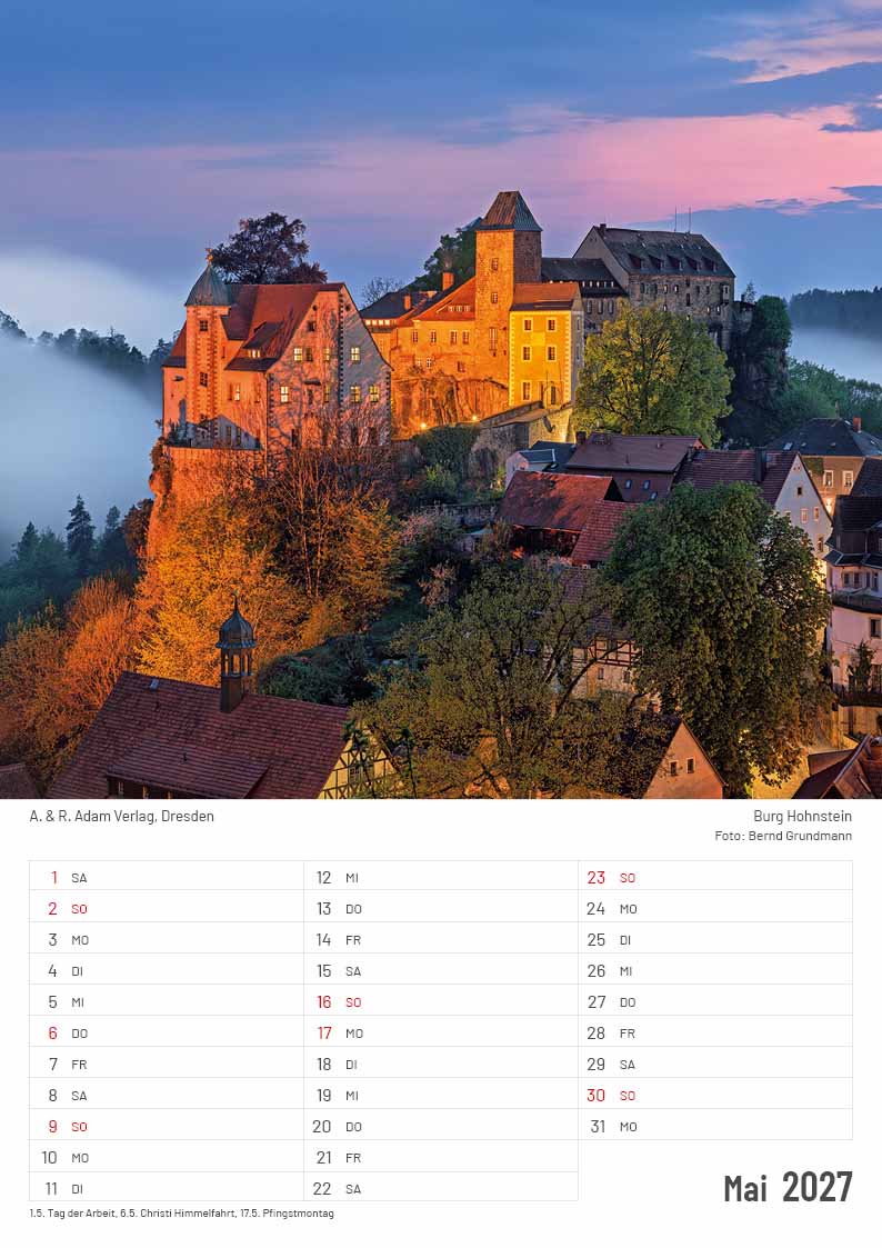 Kalender Elbsandsteingebirge 2027 Adam Verlag Mai Burg Hohnstein