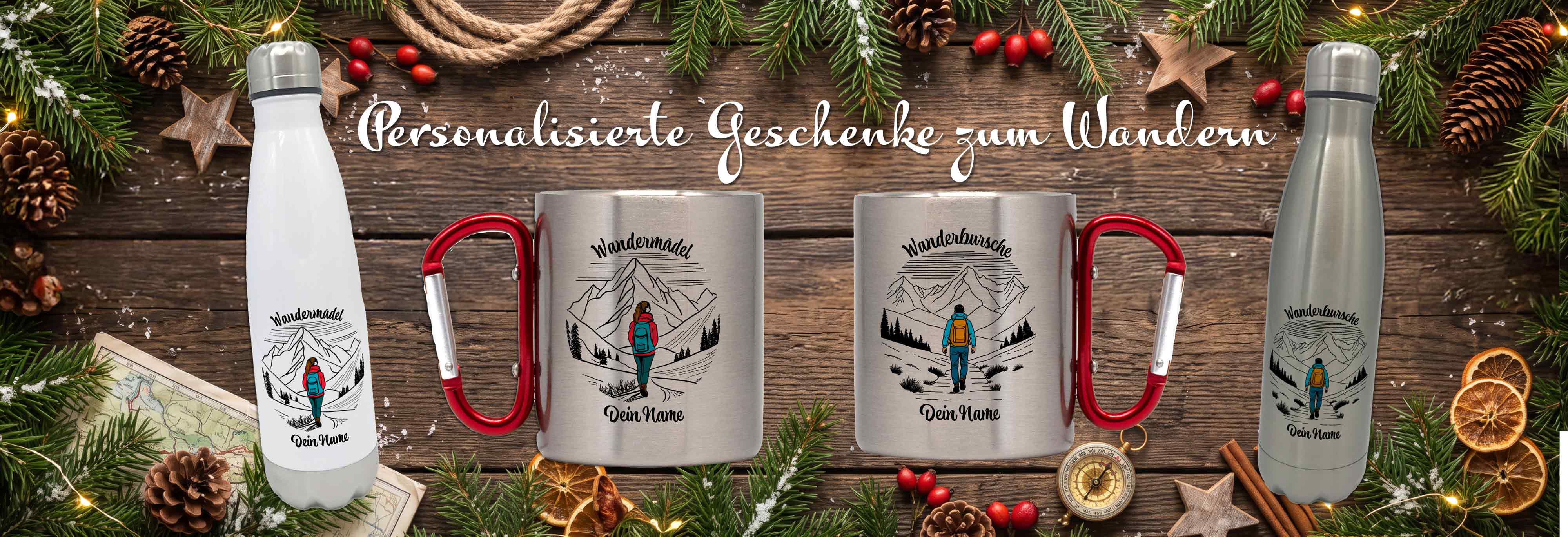 Personalisierte Geschenke für Wanderer Karabinertasse Thermosflasche Edelstahlbecher