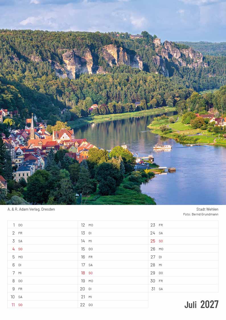 Kalender Elbsandsteingebirge 2027 Juli Stadt Wehlen Elbe