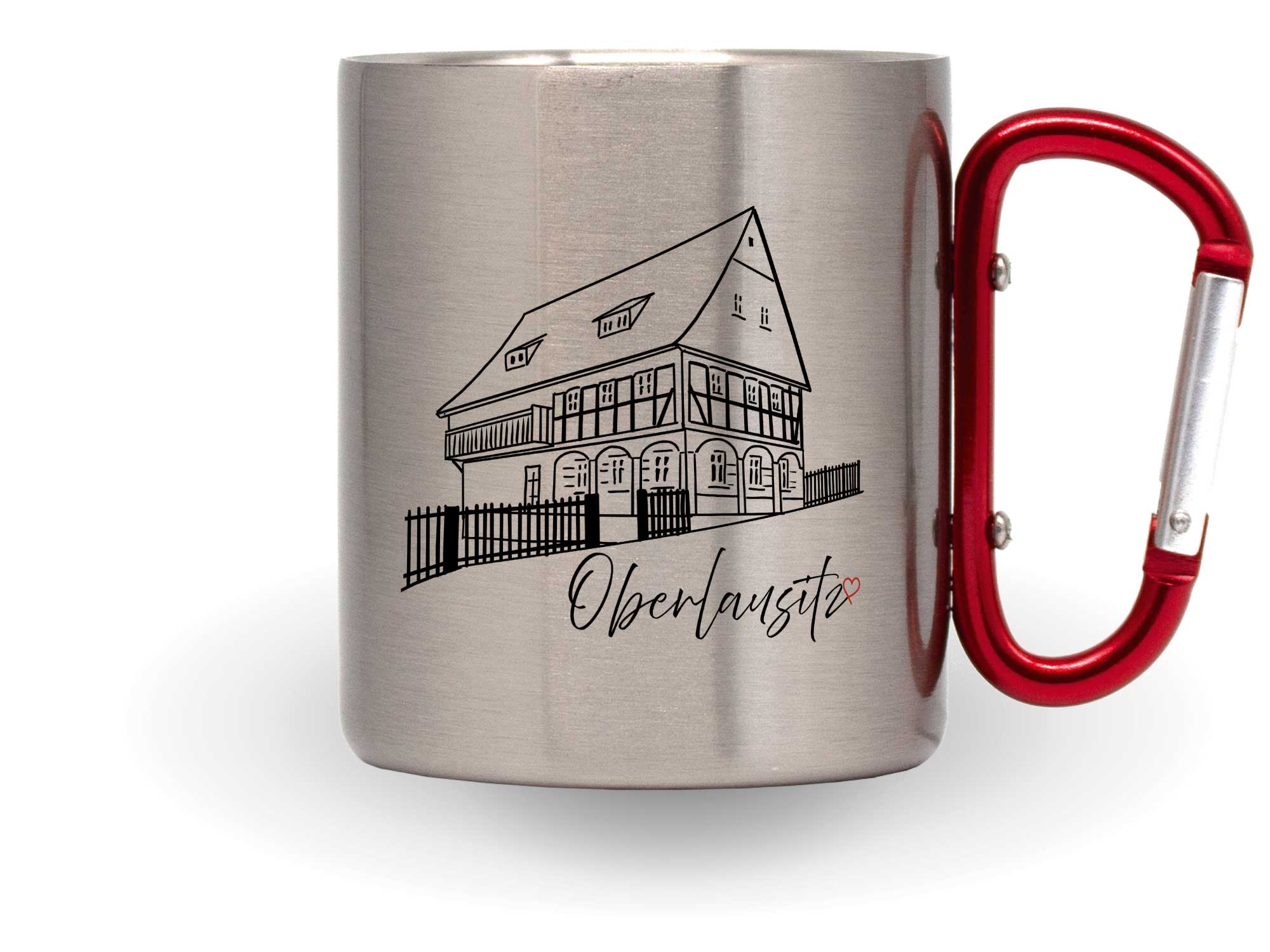 Bedruckte Karabinertasse Oberlausitz Umgebindehaus Grafik schwarz-weiss