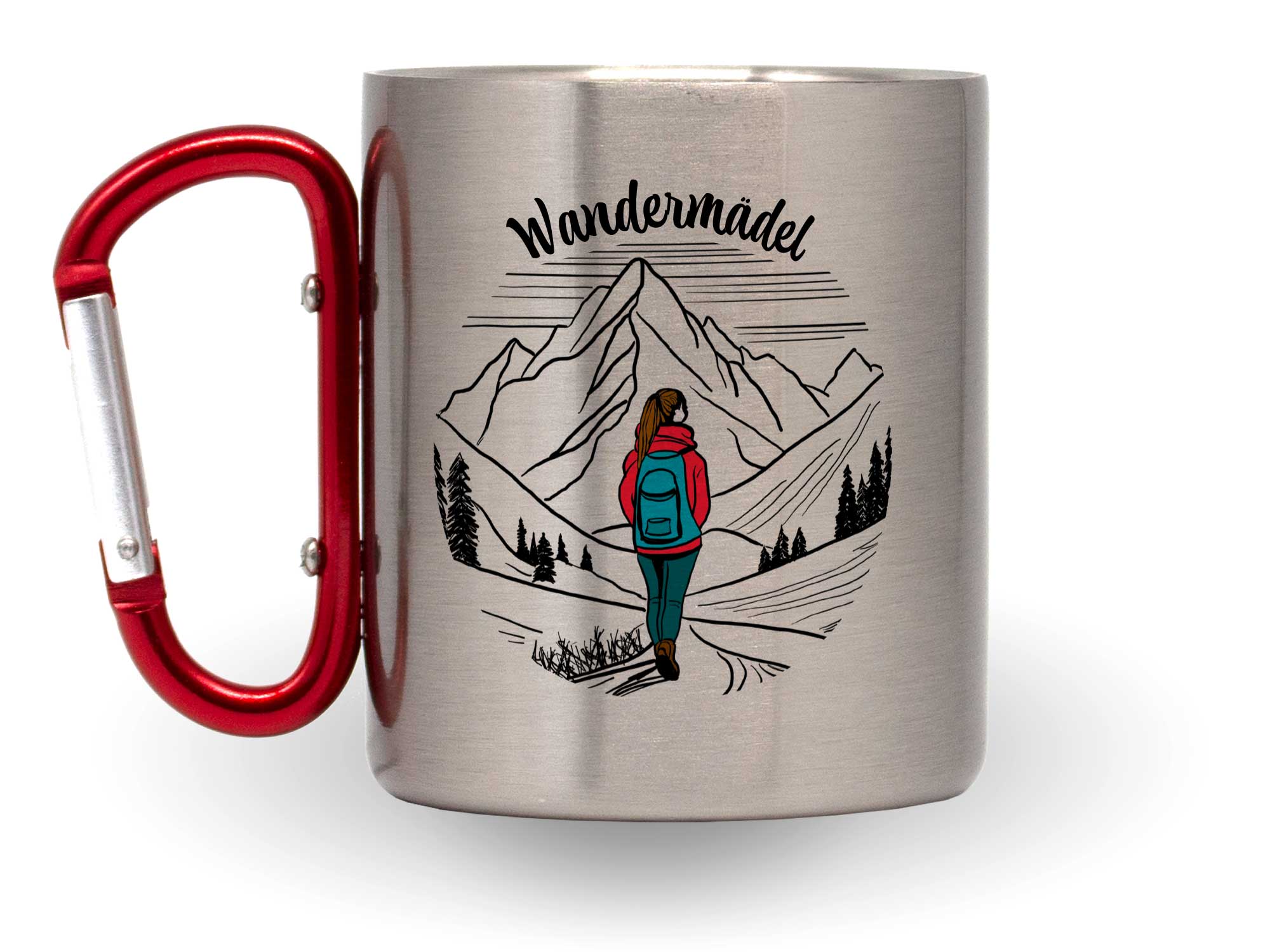 Bedruckte Wandertasse Wandermädel mit Karabiner