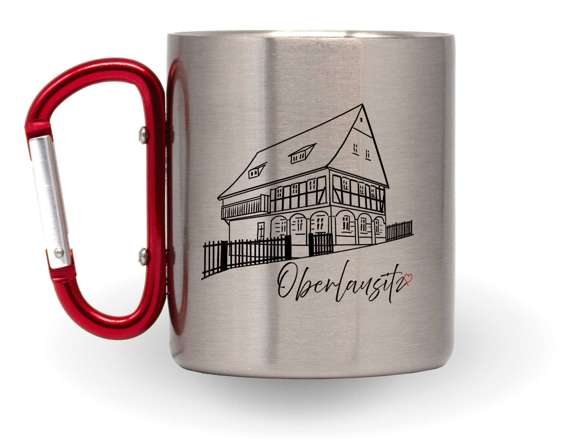 Bedruckte Karabinertasse Oberlausitz Umgebindehaus Edelstahltasse