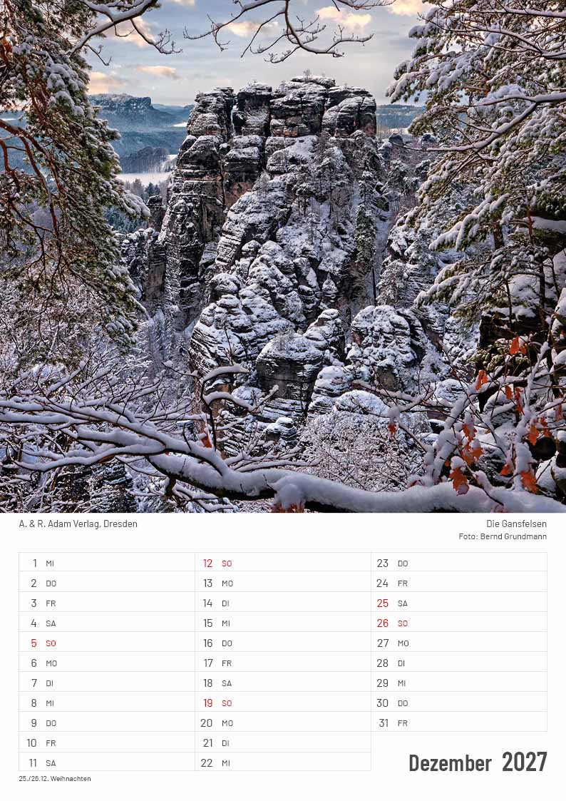 Kalender Elbsandsteingebirge 2027 Barbarine Pfaffenstein Dezember