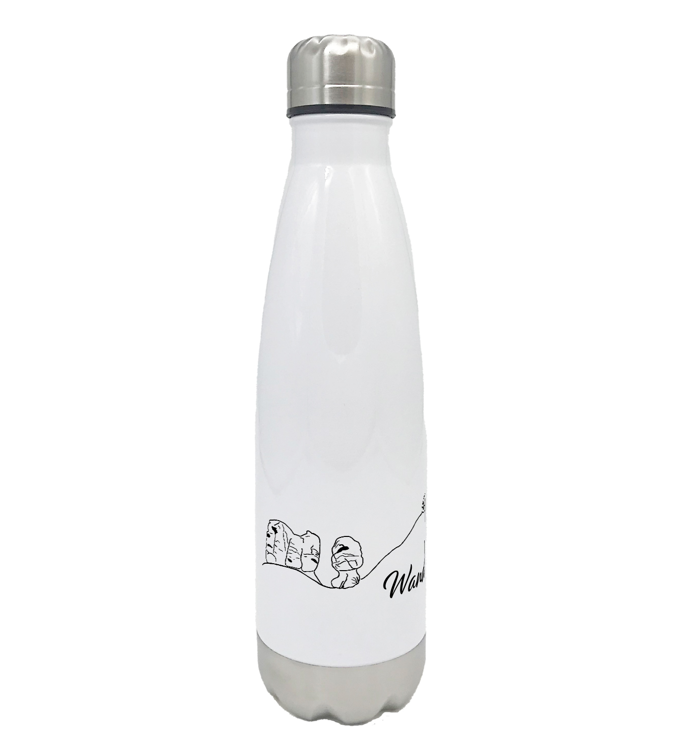 Bedruckte weiße Flasche für Wanderer mit Grafik und Schrift Kelchsteine
