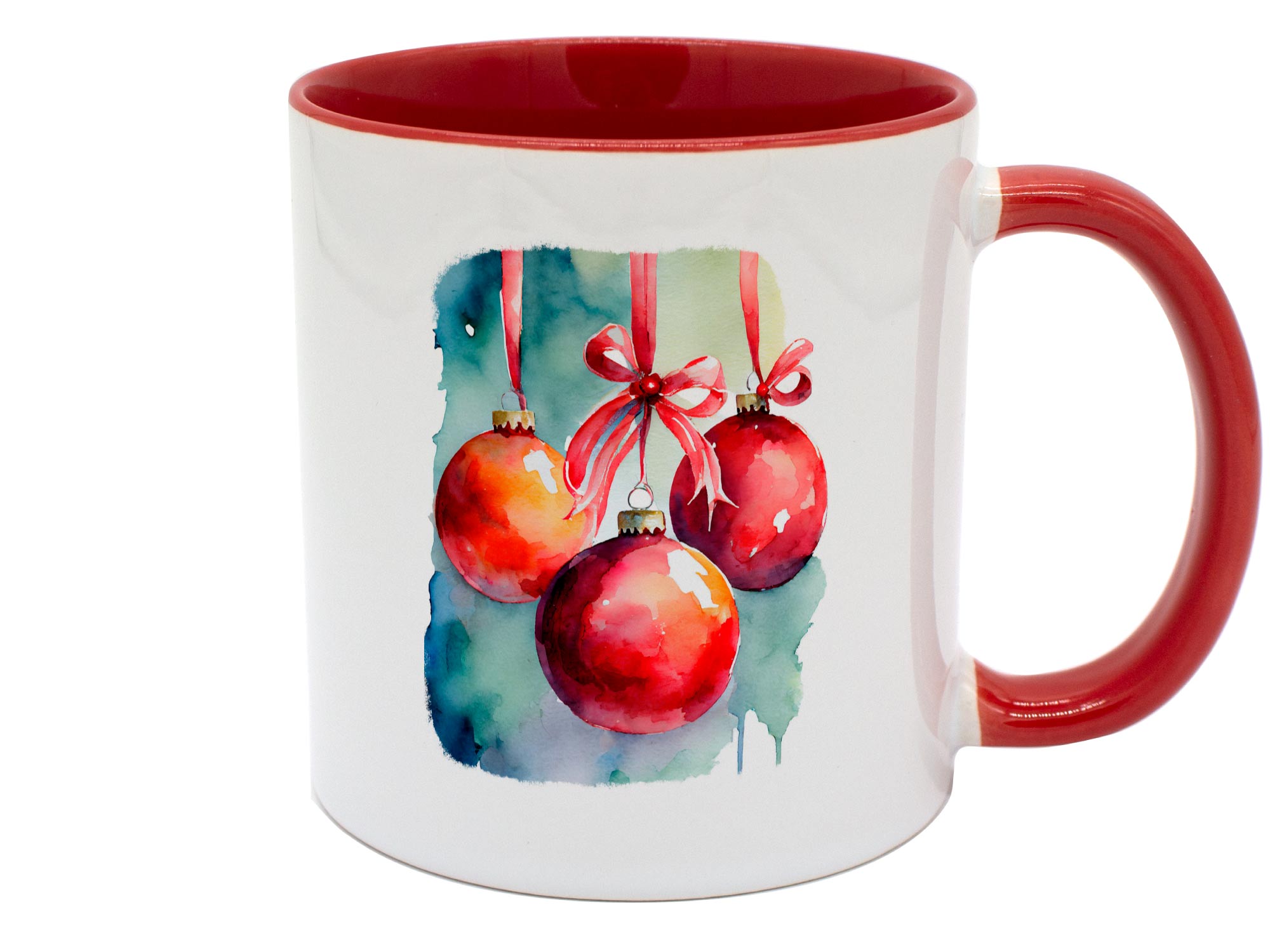 Keramiktasse Weihnachtskugeln Glühweintasse mit rotem Henkel