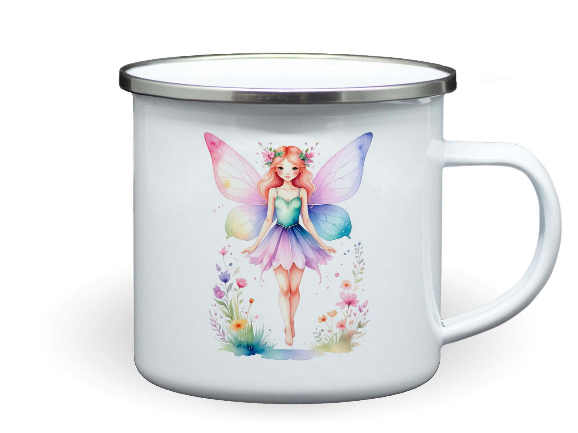 Bedruckte Emailletasse Fee mit Blumen
