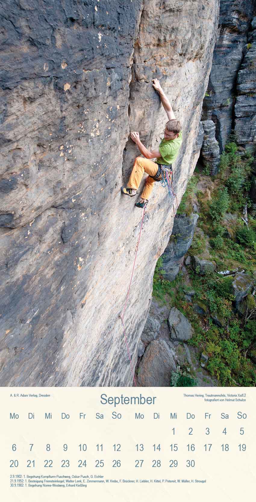 Kalender Klettern im Sächsischen Fels 2027 September Bergsteiger am Fels